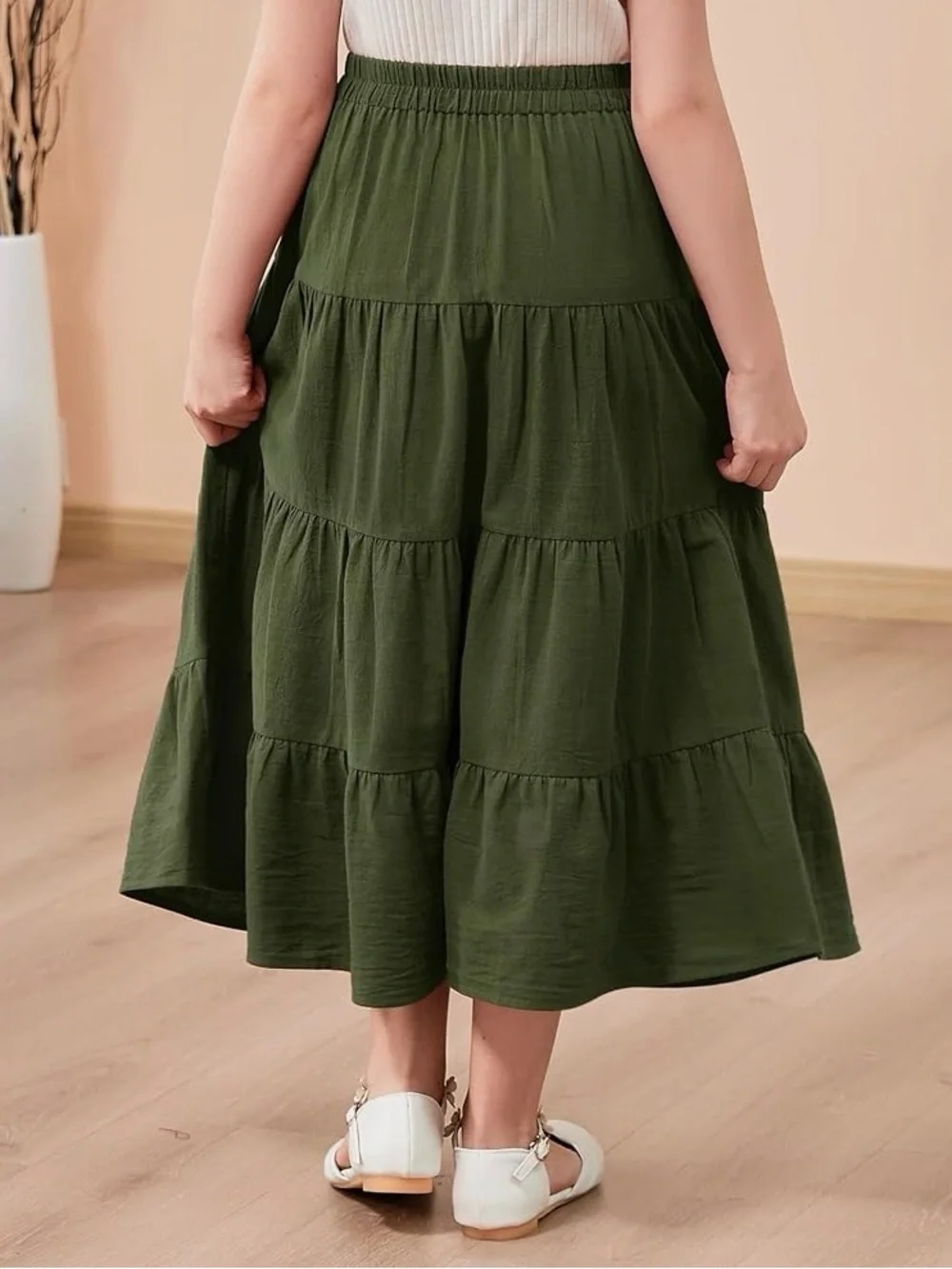Tiered Olive Green Midi Skirt for Kids - Elastic Waist
